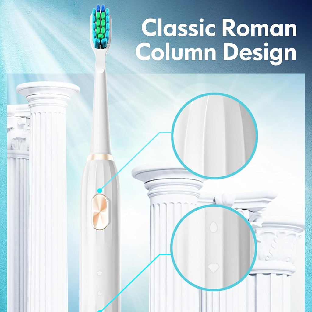 Sonic Electric Toothbrush for Adults and Kids, Ultrasonic Toothbrush Rechargeable with 9 Brush Heads, 5 Modes and 2 Minutes Smart Timer, 4Hours Charge for 60 Days, Roman Column Handle (White)