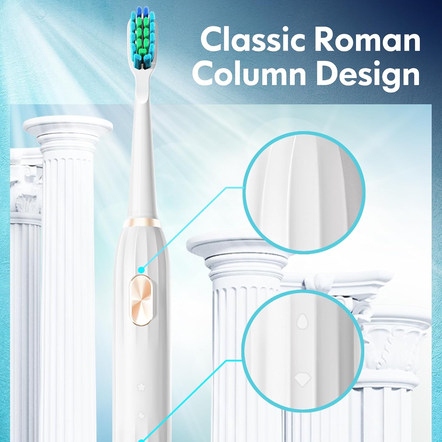 Sonic Electric Toothbrush for Adults and Kids, Ultrasonic Toothbrush Rechargeable with 9 Brush Heads, 5 Modes and 2 Minutes Smart Timer, 4Hours Charge for 60 Days, Roman Column Handle (White)