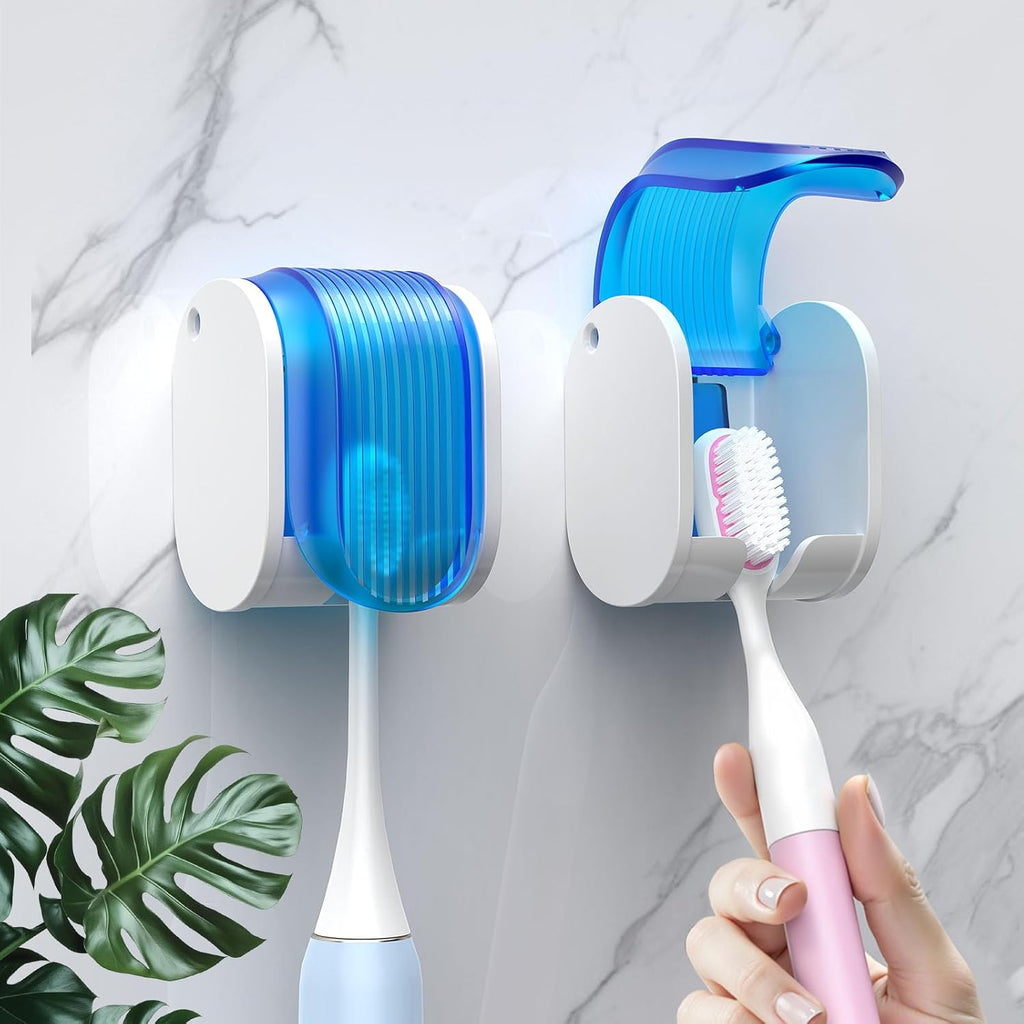 2 Pcs Toothbrush Holders Wall Mounted, Single Slot Design, Shower Self Adhesive Wall Mounted Toothbrush Holder with Cover, Waterproof and Dustproof, Suitable for Bathroom, Family, Travel (Blue)