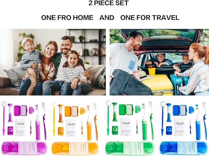 Wenge Portable Orthodontic Oral Care Kit - 2Pack - Travel Kit for Patients, Interdental Brushing Wax Floss Toothbrush Cleaning(Purple & Orange)