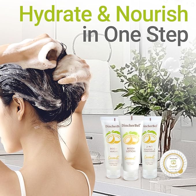 Hotel Amenities 200-Piece Travel Kit: Soap, Shampoo & Conditioner 2 in 1, Body Wash and Body Lotion Bulk Mini Kits for Toiletry Bags - Trial Size Bars & Sets