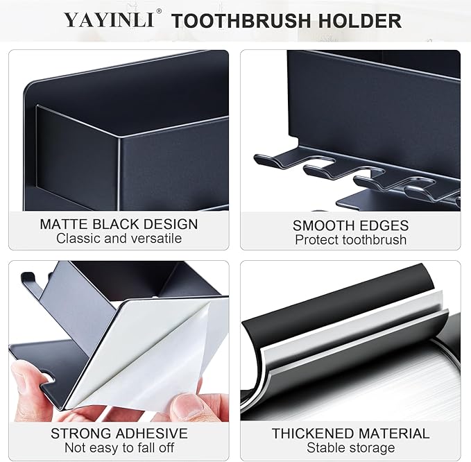 Toothbrush Head Holders, Electric Tooth Brush Head Holder, Adhesive Toothpaste Holder for Shower Bathrooms, Wall Mounted Tooth Brushing Holder Organizer Storage (Black, Small)