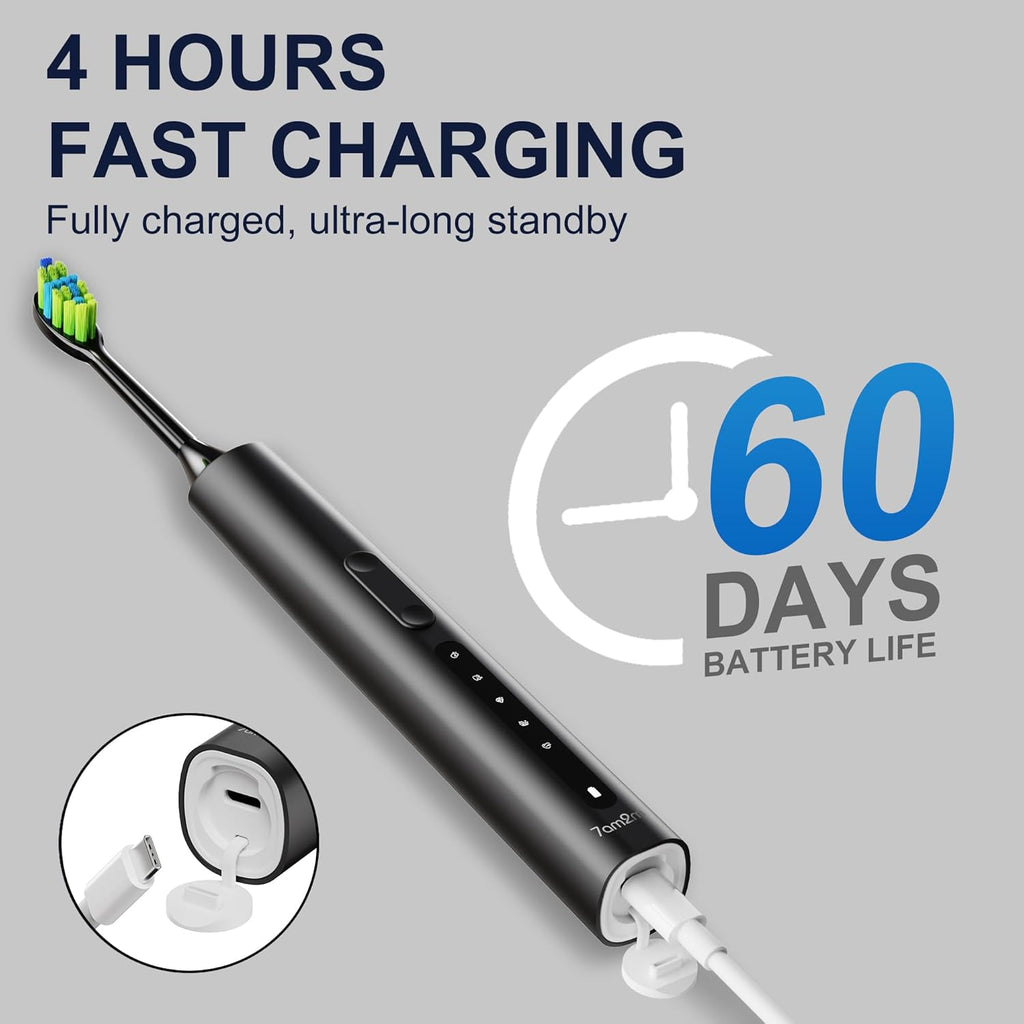 7AM2M Sonic Electric Toothbrush for Adults and Kids, 40000VPM Power Toothbrushes, USB-C Rechargeable with 4 Brush Heads, 5 Modes, 2 Minutes Built in Smart Timer, One Charge for 60 Days (Black)