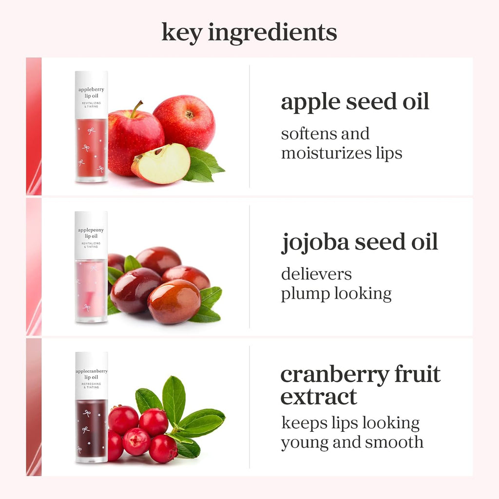 NOONI Korean Lip Oil Stain Set - Appleseed Lip Oil Trio | 2025 Holiday Ribbon Limited Edition, Korean Lip Stain Long Lasting, Stocking Stuffers, Teen Girl Gifts Stuff, lip plumper 0.12 Fl. Oz. x 3ea