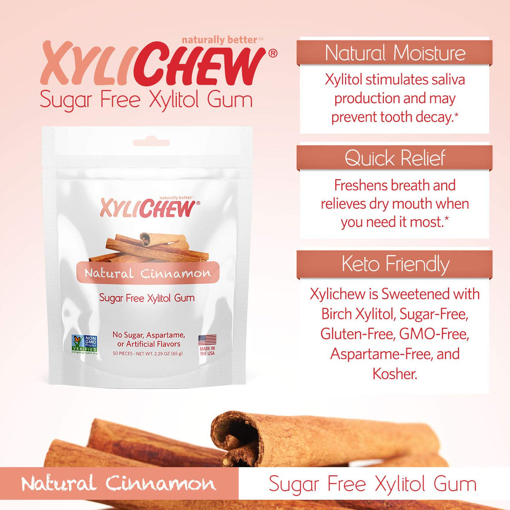 Xylichew 100% Xylitol Chewing Gum - Non GMO, Non Aspartame, Gluten Free, and Sugar Free Gum - Natural Oral Care, Relieves Bad Breath and Dry Mouth - Cinnamon, 50 Count