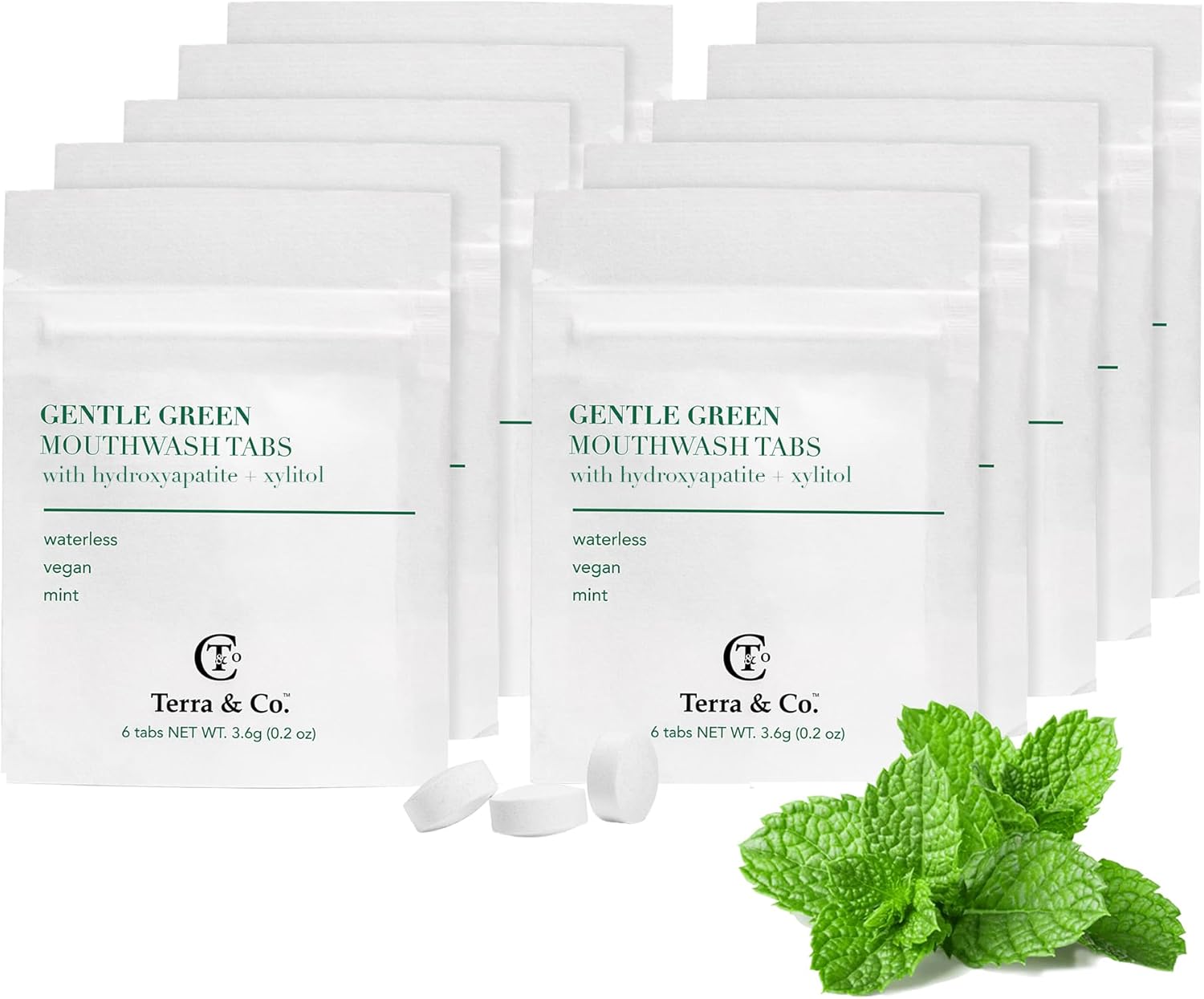 Terra & Co. Gentle Green Mouthwash Tablets – 10 Travel Sachets with 6 Fluoride-Free Tabs Each – Nano-Hydroxyapatite for Oral Health – TSA-Compliant, Plastic-Free, Mint Flavor, Eco-Friendly