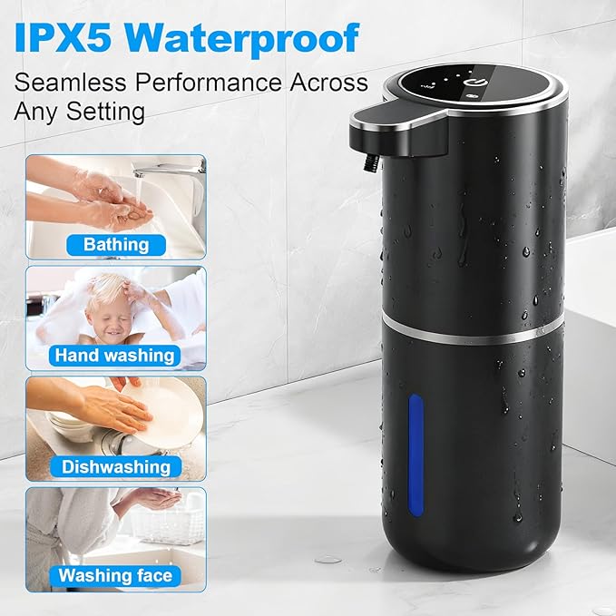 Automatic Soap Dispenser, Stainless Touchless Dispenser, 12.8 fl.oz. for Liquid Soap, 1200mAh Soap Dispensing Levels Wall Mounting for Kitchen Washbasin Bathroom Bathtub, Matte Black