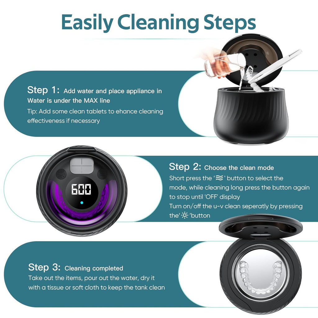 Ultrasonic Retainer Cleaner Machine- 45kHz Denture Cleaner, 200ML Dental Cleaning Pod for Aligners, Mouth Night Guards, Toothbrush Heads & Jewelry, 4 Cleaning Modes, Digital Timer, Black
