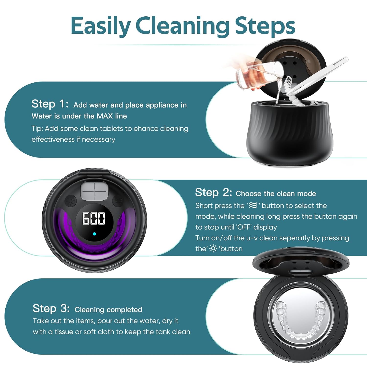 Ultrasonic Retainer Cleaner Machine- 45kHz Denture Cleaner, 200ML Dental Cleaning Pod for Aligners, Mouth Night Guards, Toothbrush Heads & Jewelry, 4 Cleaning Modes, Digital Timer, Black