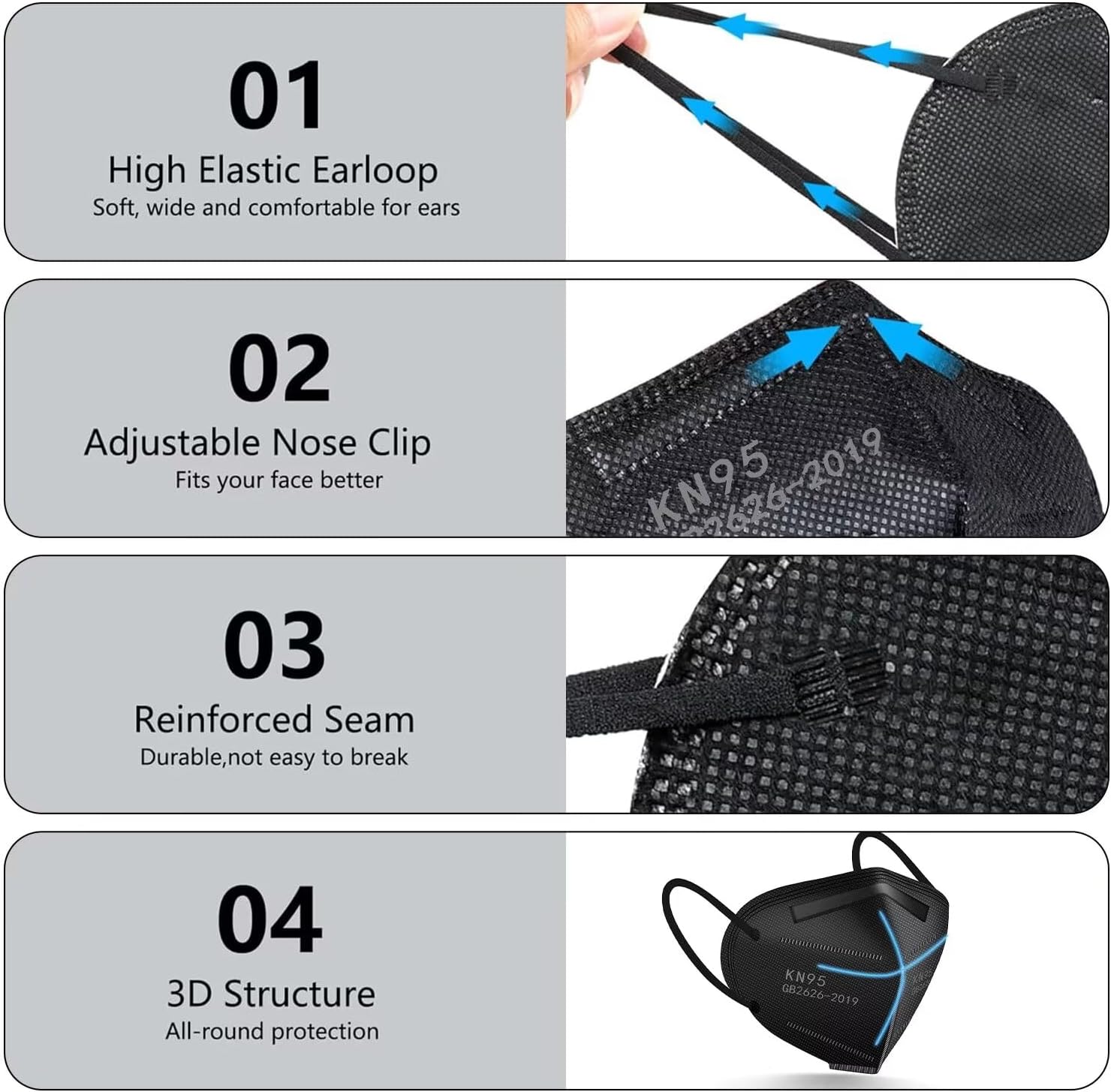 100PCS KN95 Black Face Masks 5 Layer Filter Efficiency≥95% with Elastic Ear Loop and Nose Bridge Clip Breathable Mask