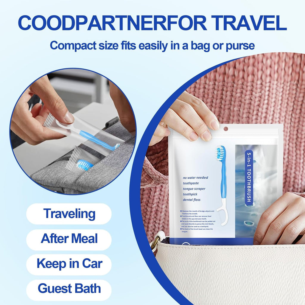 Mini Disposable Toothbrushes with Toothpaste 5 in 1 Travel Portable Toothbrush with Toothpaste + Tongue Scraper + Picks+Floss Travel Case (Mint, 10)