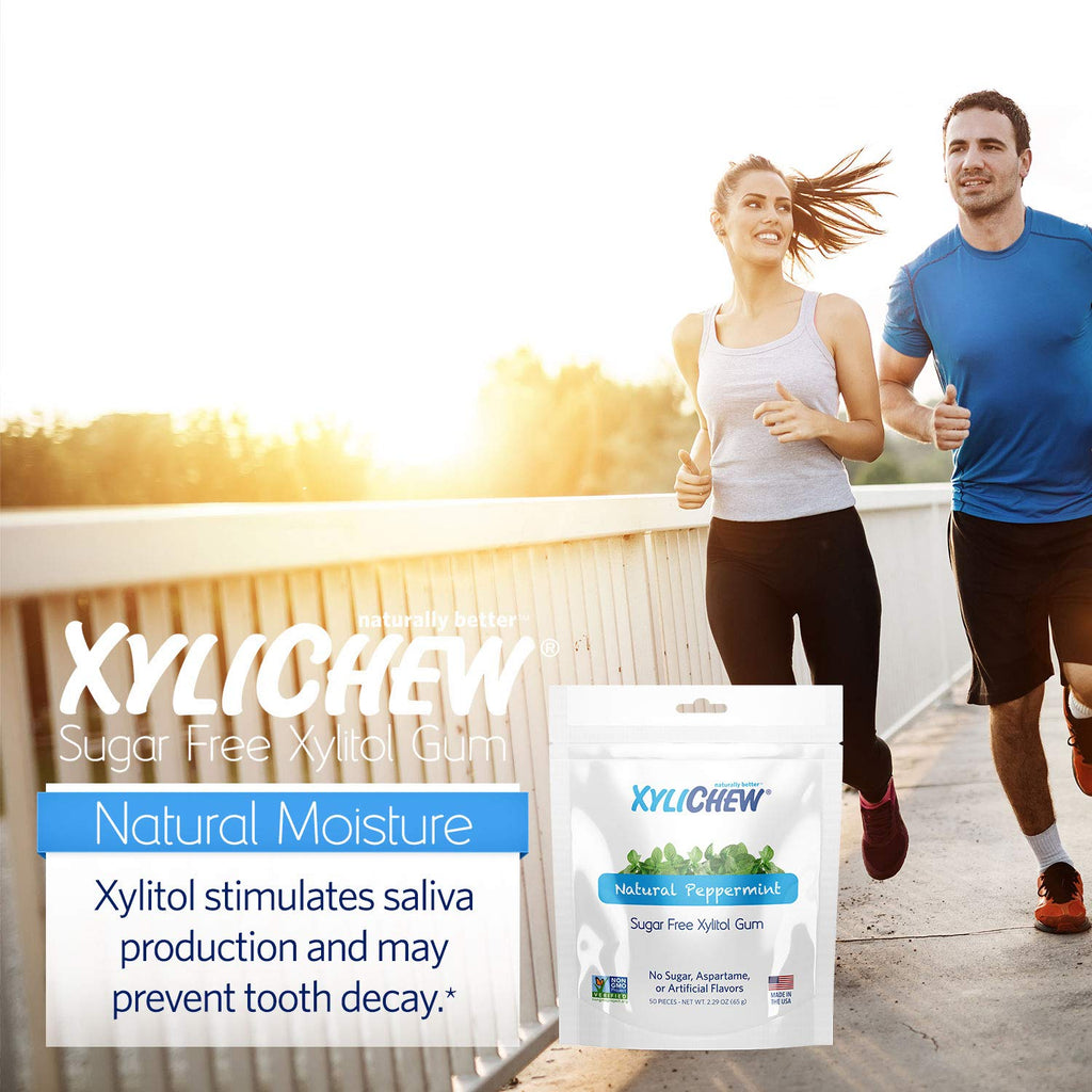 Xylichew 100% Xylitol Chewing Gum - Non GMO, Non Aspartame, Gluten Free, and Sugar Free Gum - Natural Oral Care, Relieves Bad Breath and Dry Mouth - Peppermint, 50 Count
