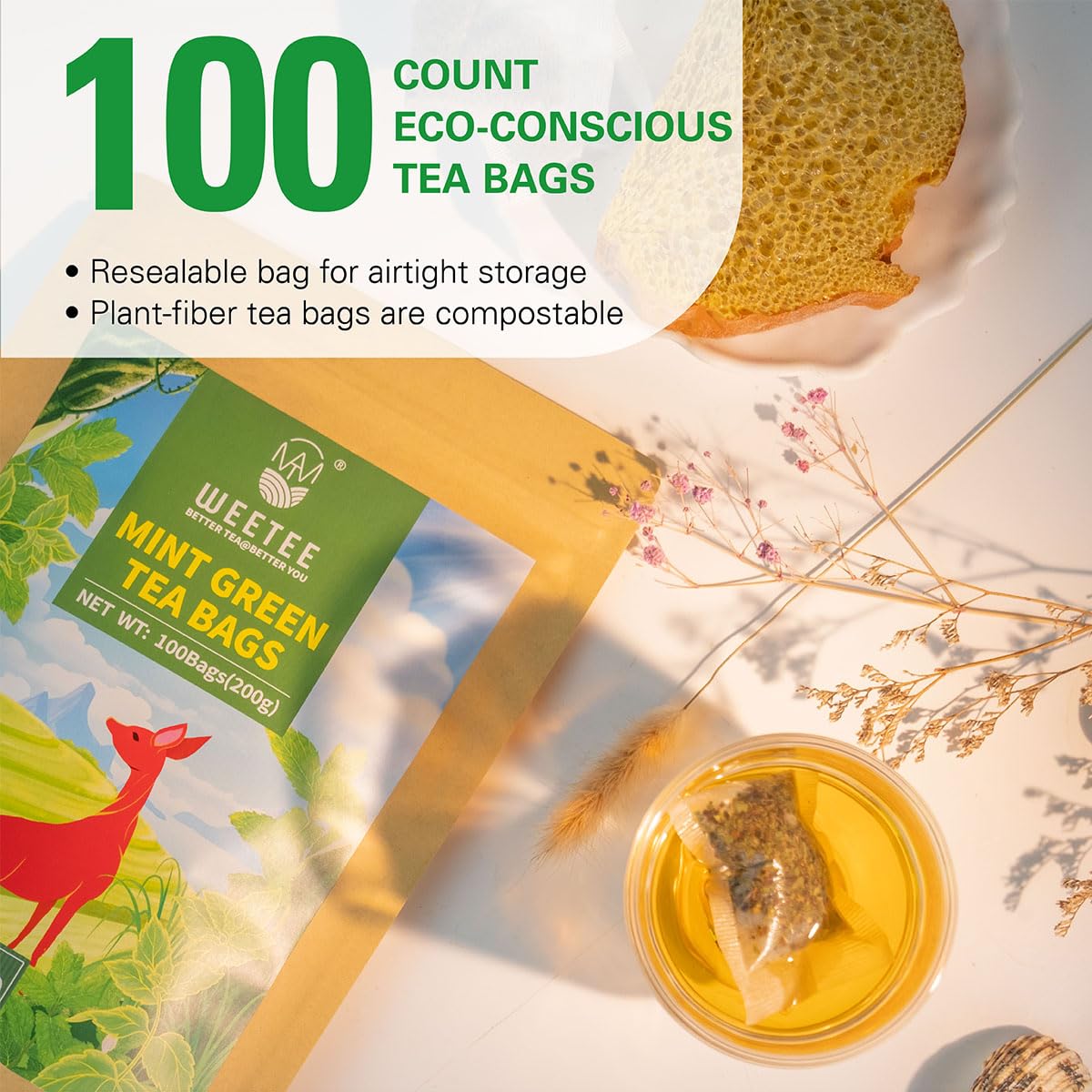 WT WEETEE Mint Green Tea Bags, 100 Count, Perfect blend of Green Tea, Peppermint, Spearmint, Lemongrass, Lemon Balm, Low Caffeine Mint Medley Herbal Tea