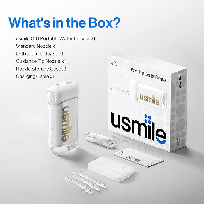 usmile C10 Portable Water Flosser – Travel-Friendly, 95-Day Battery, 4 Modes, 360° Nozzle, 180ml Tank, IPX7 Waterproof, Dentist-Recommended for Braces, Implants & Sensitive Gums (White)