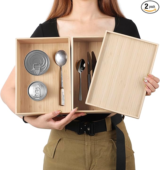Stackable Bamboo Drawer Organizer Set – 2 Boxes with 1 Lid | Wood-Laminated Trays for Kitchen Utensils, Silverware & Flatware – Storage Fits Cabinets, Pantry, Bathroom & Office | 10.2"x7.3" (2-Pack)