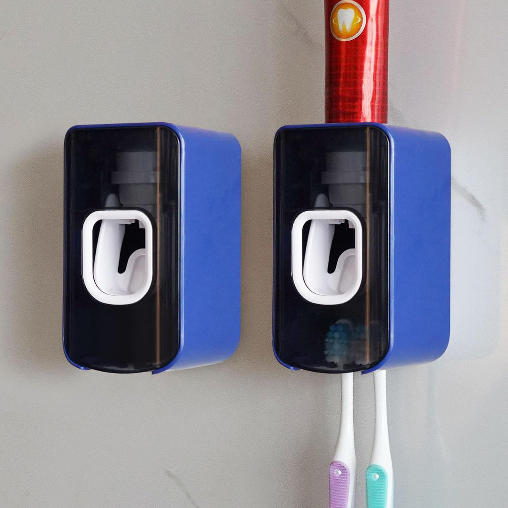 2 Slot Toothbrush Holder and Toothpaste Dispenser Wall Mounted, Automatic Toothpaste Squeezer, 2 in 1 Tooth Brush Toothpaste Organizer for Shower (Dark Blue 2Pack)