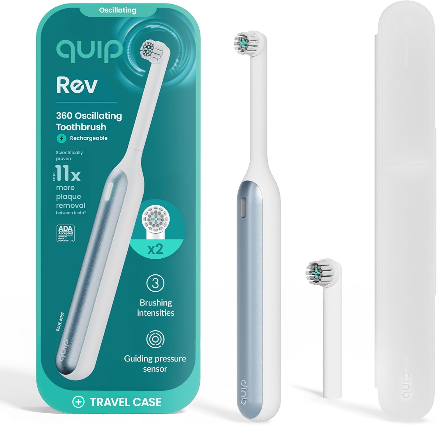 Quip 360 Oscillating Rechargeable Electric Toothbrush with Extra Brush Head - Soft Bristles, Pressure Sensor, 3 Intensities, 30-Day Battery Life, 2-Min Timer, Travel Case, Mirror Mount - Blue Mist