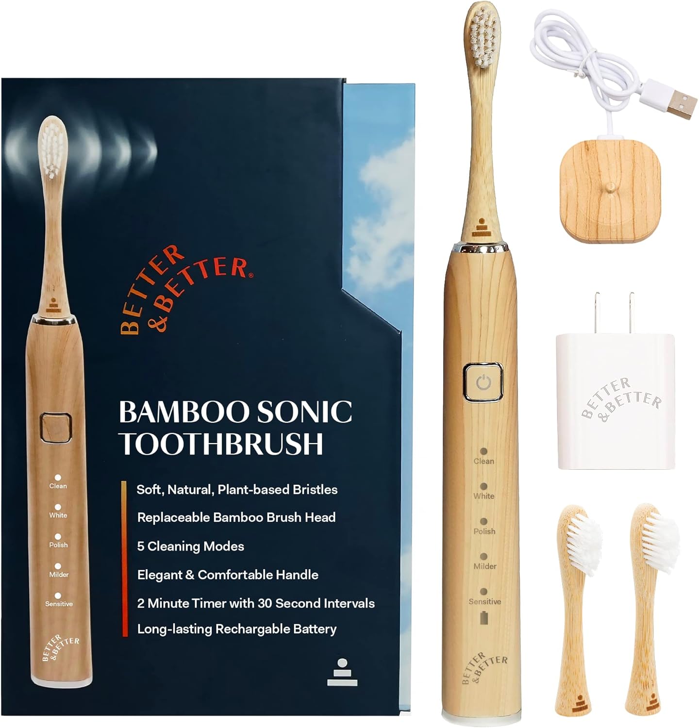 Better & Better Sonic Bamboo Electric Toothbrush for Adults | Rechargeable Electric Bamboo Toothbrush w/Plant-Based Bristles | Soft Brush Heads incl. | 5 Cleaning Modes & Long-Lasting Battery