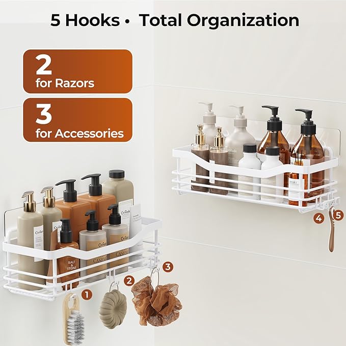 Orimade Shower Caddy Basket Shelf Storage Rack, No Drilling Wall Mounted Adhesive Rust Proof Stainless Steel Shower Organizer with 5 Hooks for Bathroom, White 2 Pack