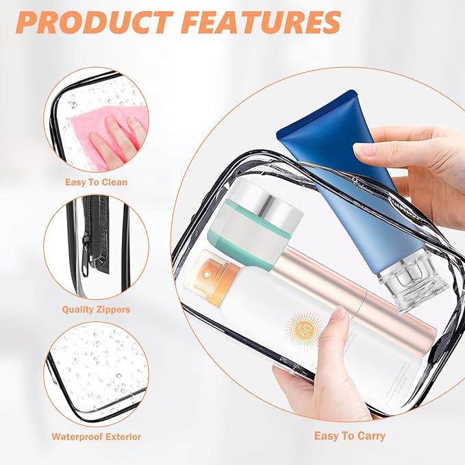 AURUZA Clear Makeup Bag,Portable Travel Toiletry Bags with Zipper, TSA Approved Clear Organizer Bags, PVC Cosmetic Pouch for Airport Airline Compliant
