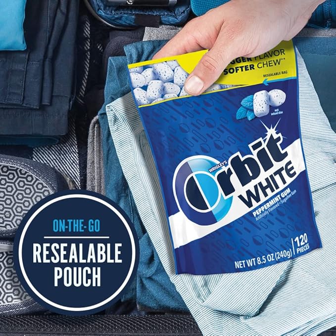 ORBIT WHITE Peppermint Gum - Sugar-Free Chewing Gum, Resealable Bag 120 Pieces, 8 Pack