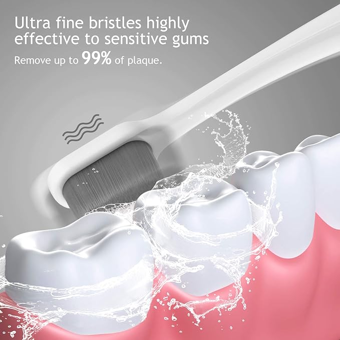Ultra Extra Soft Toothbrush for Sensitive Gums, New Japanese 20,000 Micro Fine Nano Bristles Brush for Adults, Pregnant and Elderly, Portable Case for Travel, Black and White Color Pack of 2