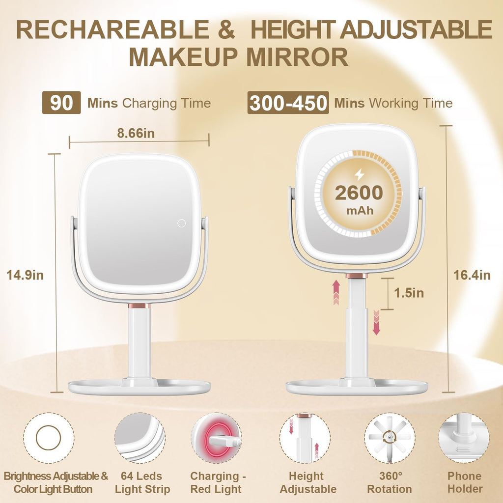 Mocado Makeup Mirror with Lights, 1X/20X Magnifying Mirror with Light, Vanity Mirror with 3 Colors Lights, Height Adjustable Lighted Makeup Mirror, Double Sided 360°Rotation, Memory Function (White)