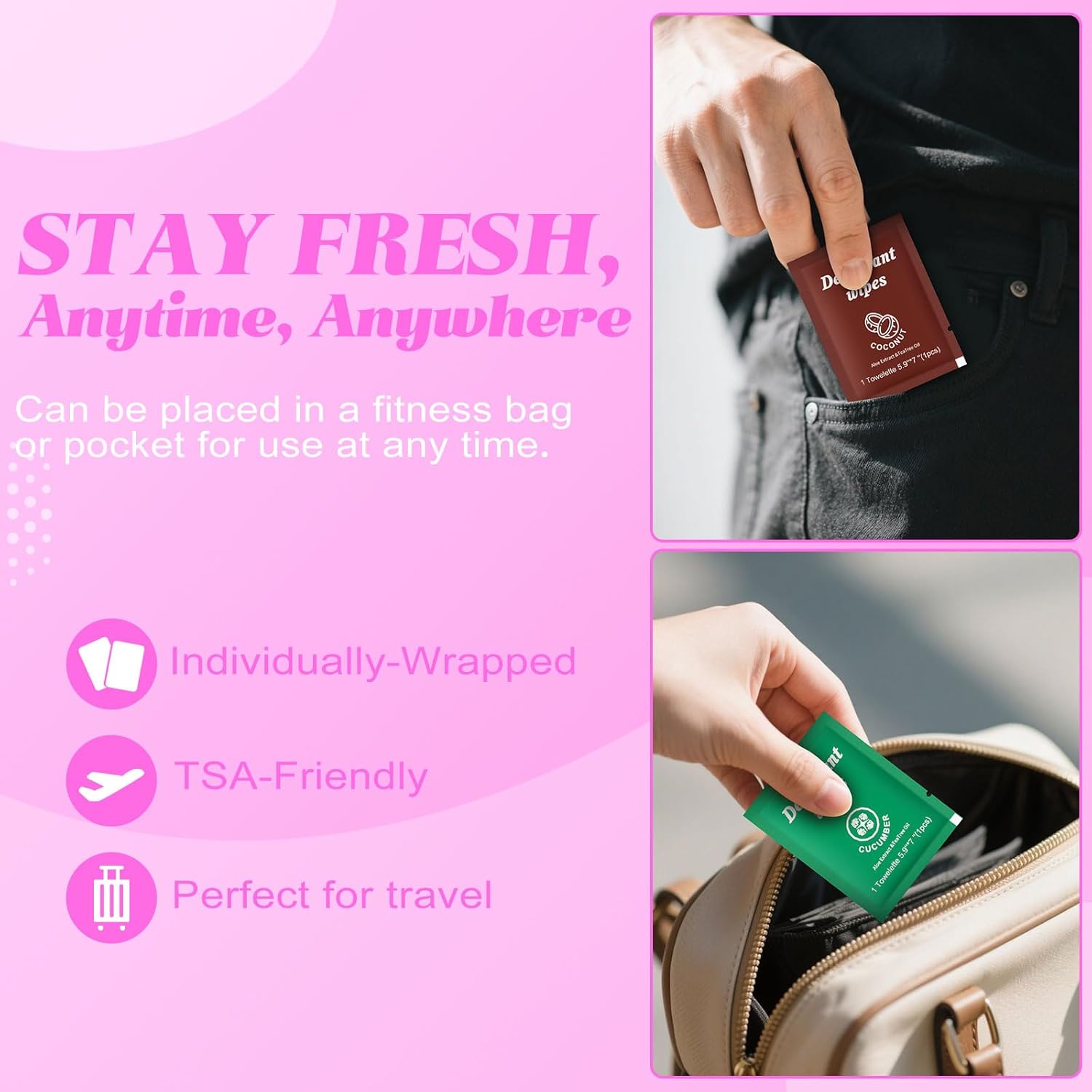 Travel Deodorant Wipes Individually Wrapped,Body Wipes to Clean Skin for Women Men（Lavender,Unscented, Coconut Cucumber,pack of 40)