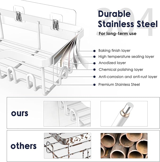 Shower Caddy Adhesive Shower Organizer 7-Pack, Rustproof Stainless Steel Bathroom Shelves, Large Capacity No-Drill Rack Storage Accessories with Soap Dish Toothbrush Holder Hooks (White)