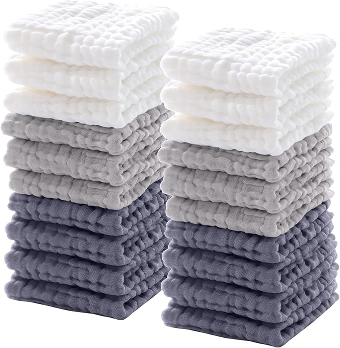 Breling 20 Pcs Baby Muslin Washcloth 12 x 12 Inch 100% Cotton Soft and Absorbent Muslin Washcloth Burp Cloth Wipe Newborn Face Towel for Baby Boy Girl Sensitive Skin(White, Light Gray, Gray)