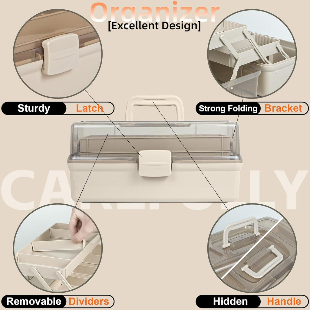 12.5in 3-Layer Multipurpose Craft Organizers and Storage with Adjustable Dividers, Portable Tackle Box, Folding Art & Craft Case for Medicine, Tool, Sewing Organizer (Brown)