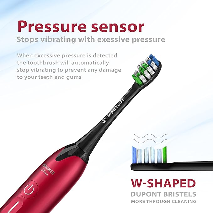 Wagner Stern Ultrasonic whitening Toothbrush with Pressure Sensor. 5 Brushing Modes and 4 Levels of Intensity, 8 Soft bristles, Travel case.