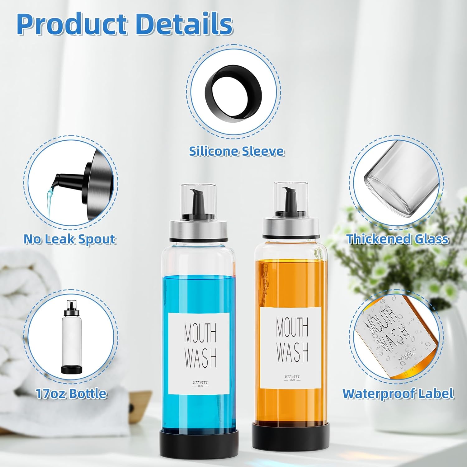 VITVITI Mouthwash Dispenser for Bathroom, Glass Mouth Wash Container with Cup Lid, 17OZ Clear Refillable Mouthwash Bottle Decanter with Silicone Pad/Labels, Set of 2