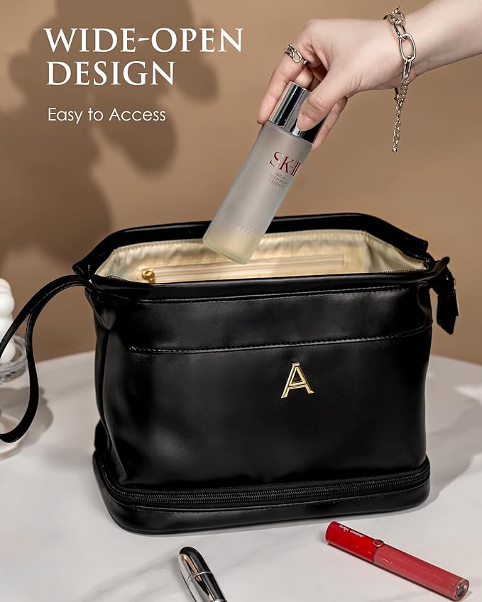 Initial Makeup Bags, Friend Gifts, Teen Birthday Gifts College Essentials Cosmetic Bag with Makeup Brush Organizer, Waterproof, Large Capacity Travel Toiletry Bag, Birthday Gifts for Girls