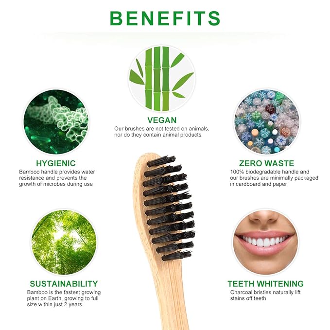 12 Pack Bamboo Toothbrushes, Biodegradable Bamboo Toothbrush, BPA Free Soft Bristles Toothbrushes, Eco-Friendly Compostable Natural Wooden Toothbrush, Organic Charcoal (Black + White)