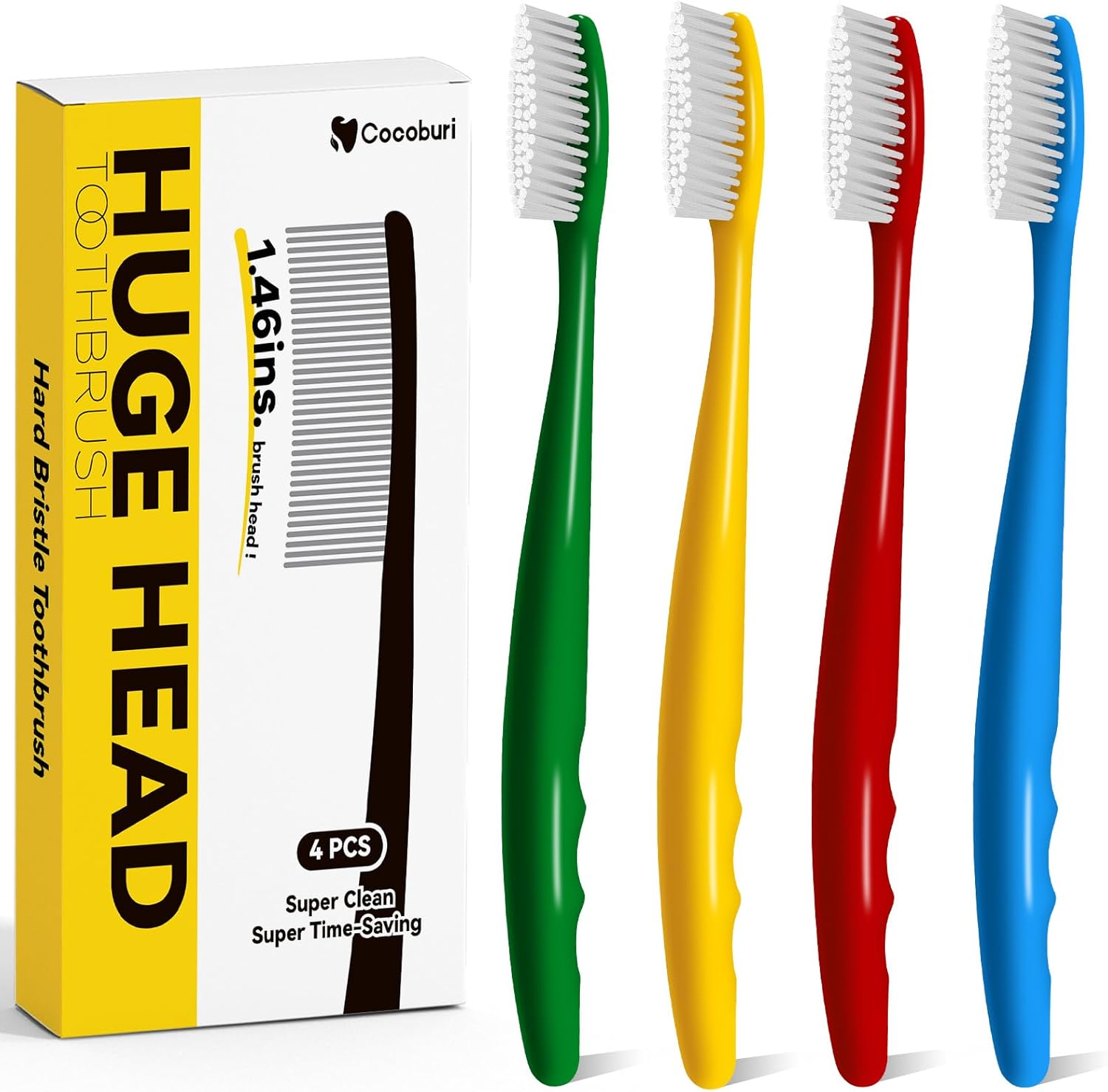 Huge Head Toothbrush Hard Toothbrushes for Adults Hard&Firm Toothbrush Bristles BPA Free Oral Care 4 Packs