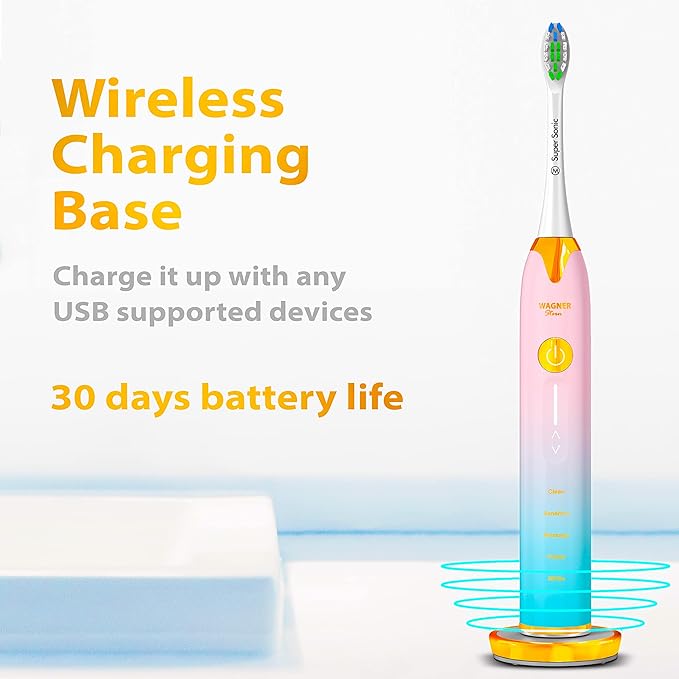 Wagner Stern Ultrasonic whitening Toothbrush with Pressure Sensor. 5 Brushing Modes and 4 Levels of Intensity, 8 Soft bristles, Travel case.