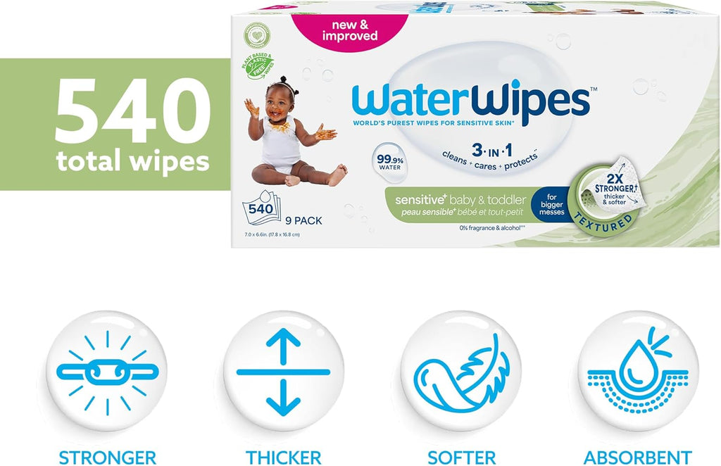 WaterWipes Sensitive+ Baby & Toddler Wipes, 3-In-1 Cleans, Cares, Protects, 99.9% Water, Textured Clean, Unscented & Hypoallergenic, 540 Count (Pack of 9)