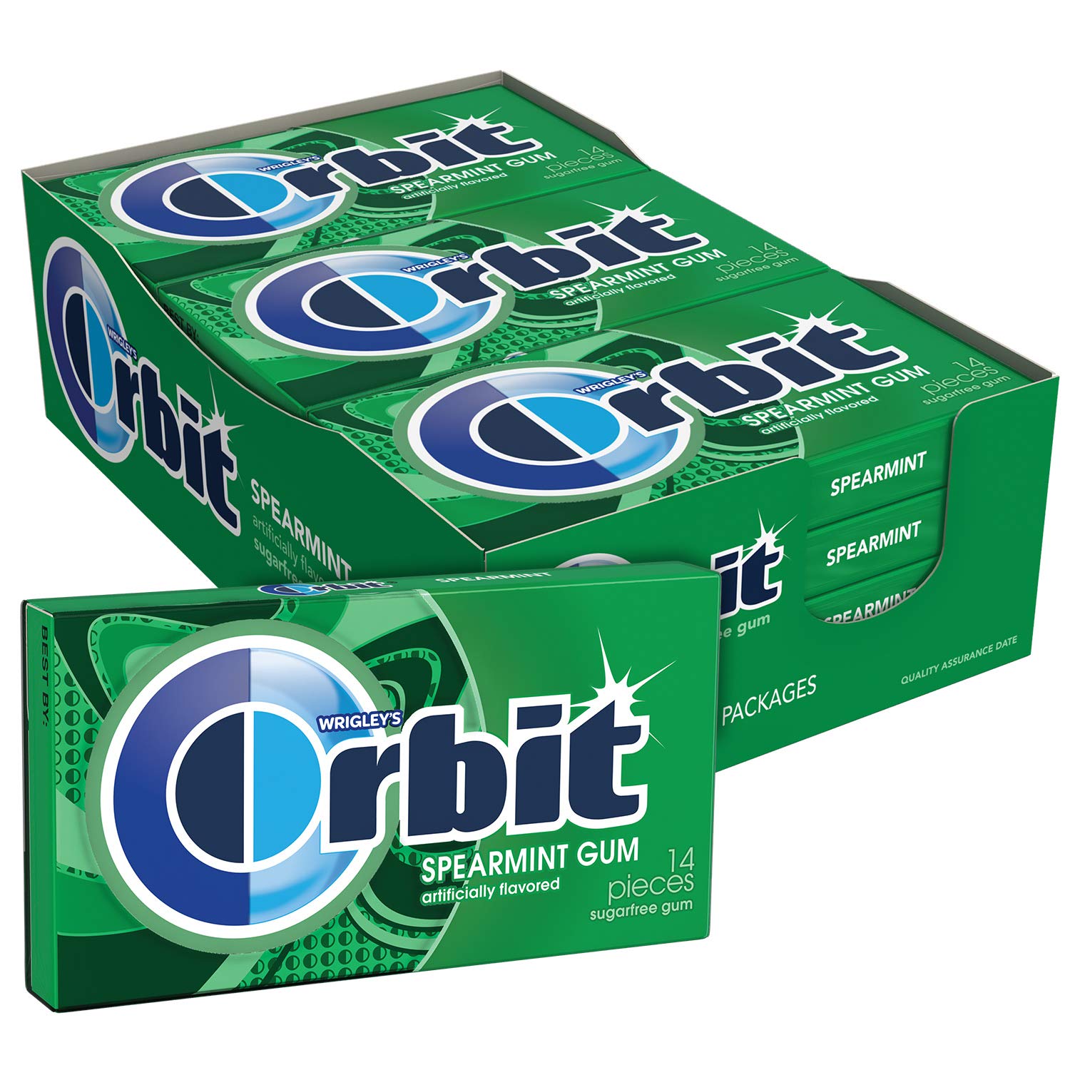 WRIGLEY'S ORBIT Gum Sugar-Free Spearmint - 12 Packs in Bulk, 14 Pieces Each - Chewing Gum, 168 Total Pieces