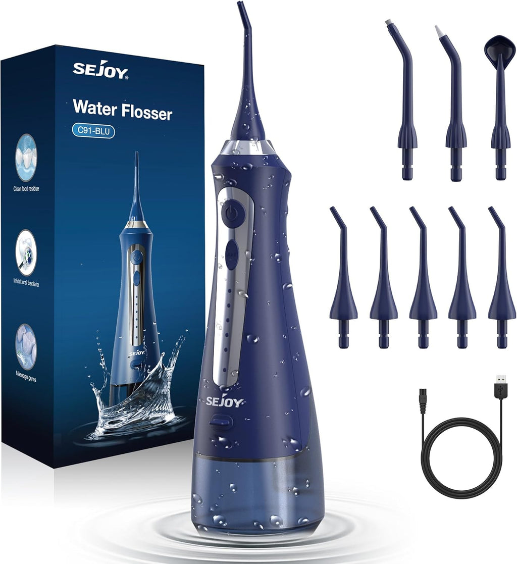 Sejoy Water Flossers for Teeth Cleaning, Water Flosser for Teeth Rechargeable Cordless, Electric Portable, 5 Cleaning Modes 8 Jet Tips, IPX7 Waterproof, 230ml, for Travel and Home