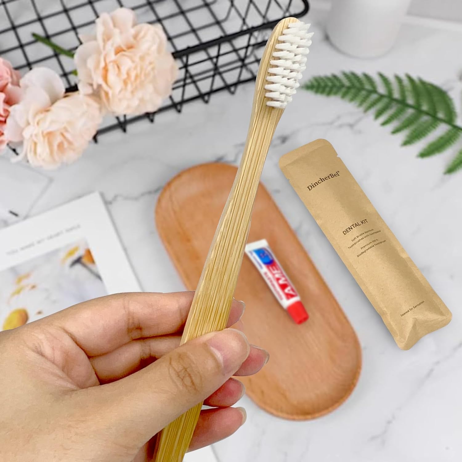 Bamboo Toothbrushes Kit Bulk, Disposable Toothbrushes with Toothpaste(6g), Individually Wrapped Toiletries Amenities for Hotel, Airbnb, Homeless, Shelter, Camping and Travel (100 Pack)