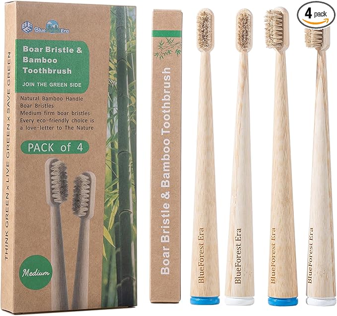 4 Pack Boar Bristles & Bamboo Toothbrush, Premium Natural Boar Bristle Toothbrushes for Adult, Plastic & Nylon Free, Fully Biodegradable Compostable Bamboo Tooth Brushes