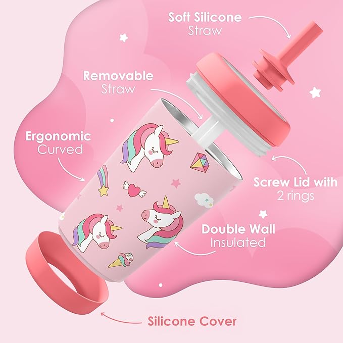 Kid Insulated Stainless Steel Tumbler with Silicone Straw, 12oz Sippy Cup for Kids (Dreamy Unicorn)