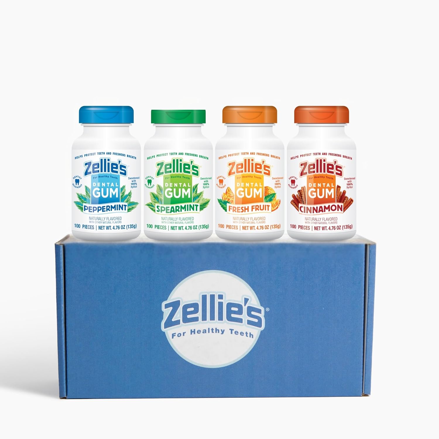Zellie’s | 100% Xylitol | Gum Gift Set | Peppermint, Spearmint, Fresh Fruit, & Cinnamon | No Aspartame, Gluten Free, Vegan & Kosher Gum (100 Count – Pack of 4)