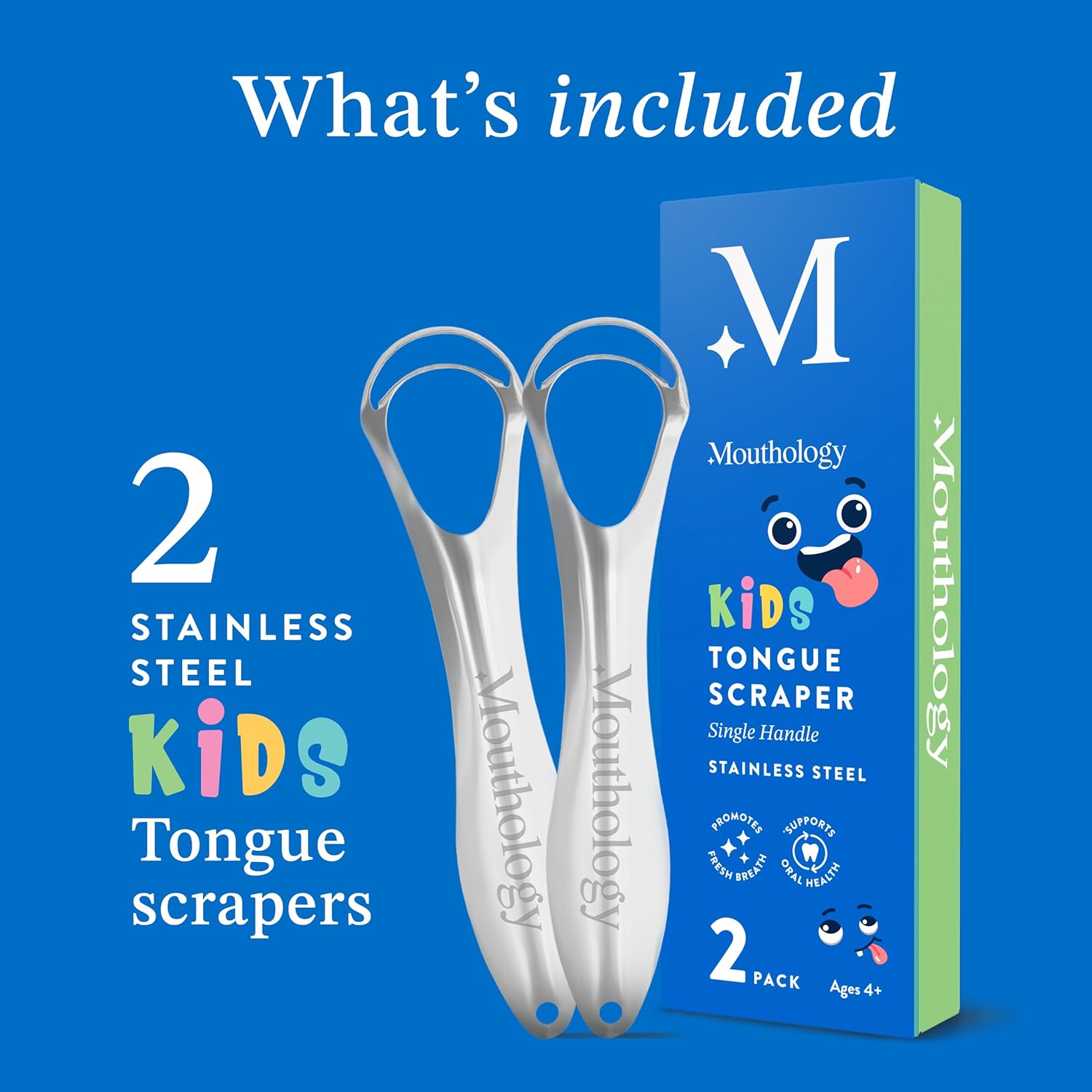 Mouthology Tongue Scraper for Kids (2 Pack), Stainless Steel Tongue Cleaner (Reduce Bad Breath), Metal Tongue Scrubber for Children, Improve Oral Health