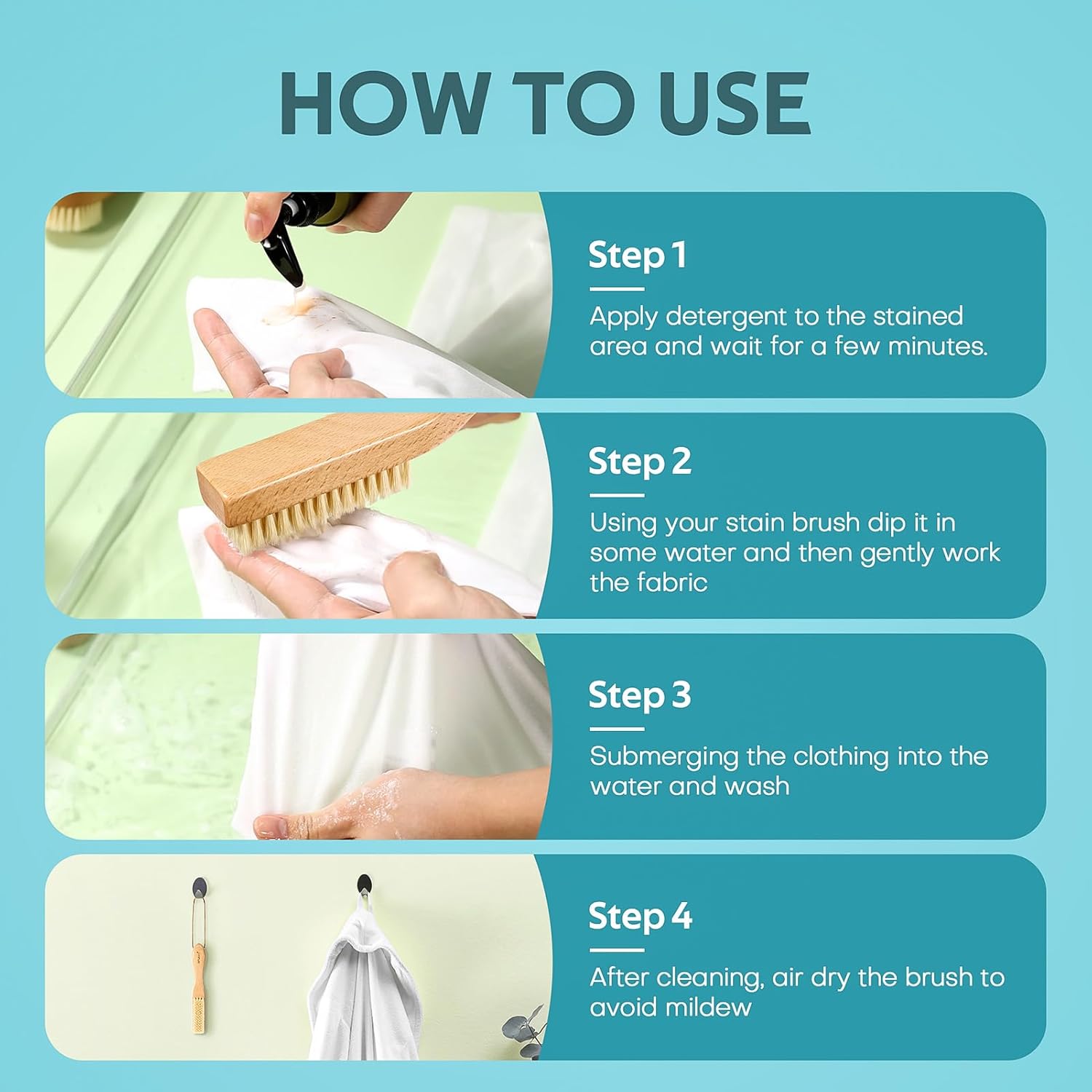 BFWood Laundry Stain Brush, Large Natural Soft Boar Bristles, Removes Tough Stains from Delicate Fabrics Like Knits, Cotton, and Linens, Gentle on Fabrics, No Damage