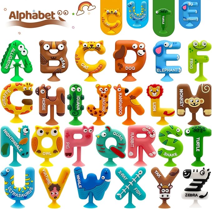 26pcs Alphabet Bath Toys for Toddlers , Educational Suction Bath Toys with Animal Letters, Montessori Sensory Toy for Kids 3-12, No Hole Food-Grade Silicone Toys for Autism/ADD/ADHD