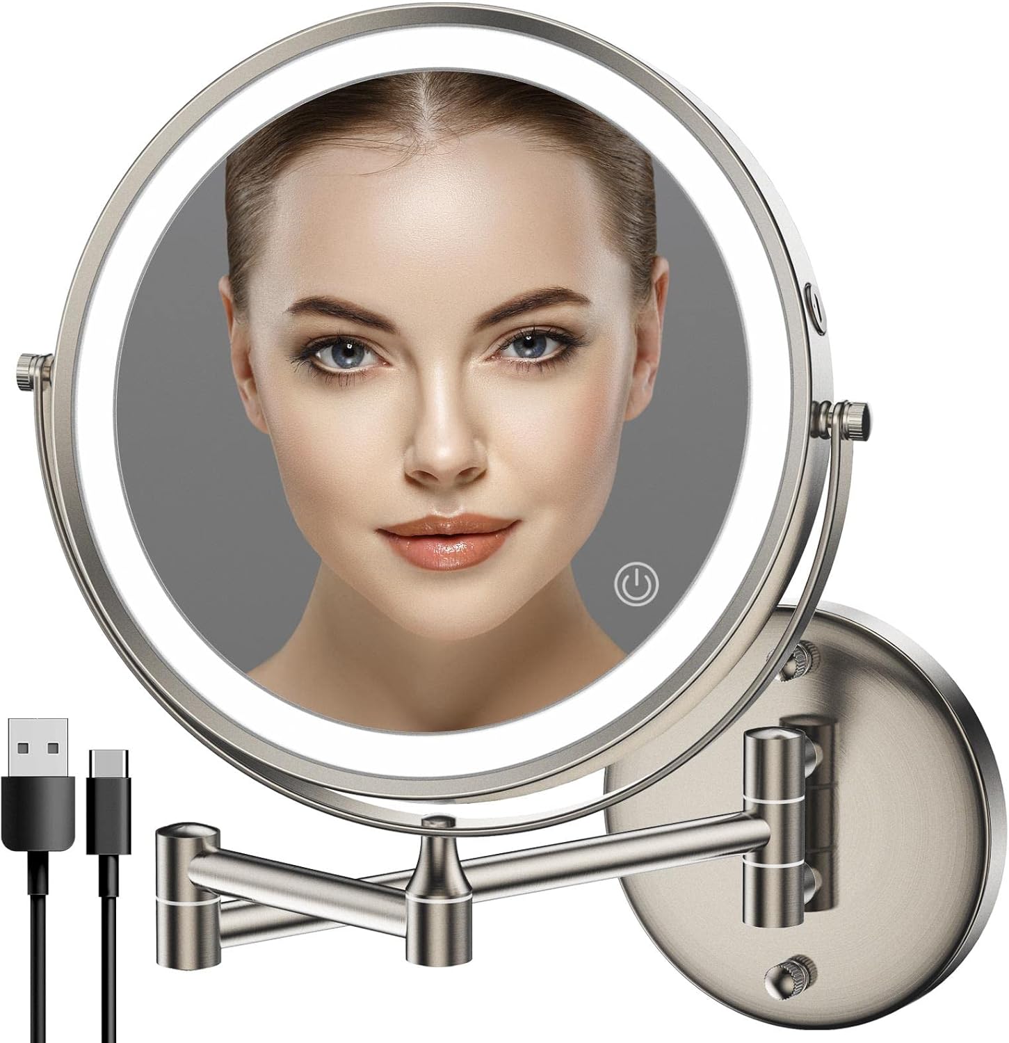 Rocollos Rechargeable Wall Mounted Lighted Makeup Mirror, 8 Inch Double-Sided LED Vanity Mirror 1X/10X Magnification,3 Color Lights Touch Screen Dimmable 360°Swivel 13 Inch Extendable
