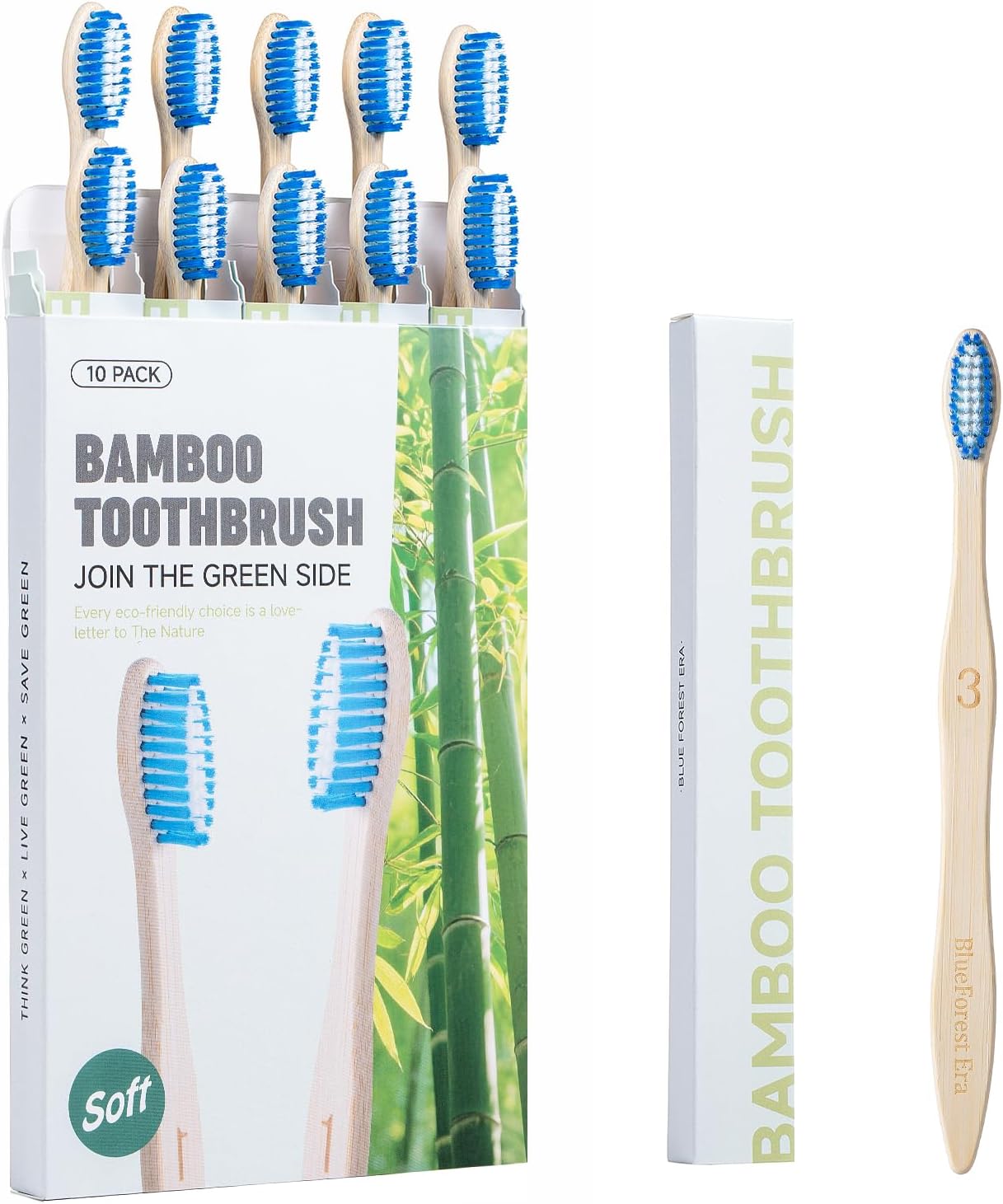 Bamboo Toothbrushes 10 Count, BPA-Free, Soft Plant-Based Tapered Bristles, Natural Wooden Toothbrush for Adults, Biodegradable Compostable Travel Tooth Brushes