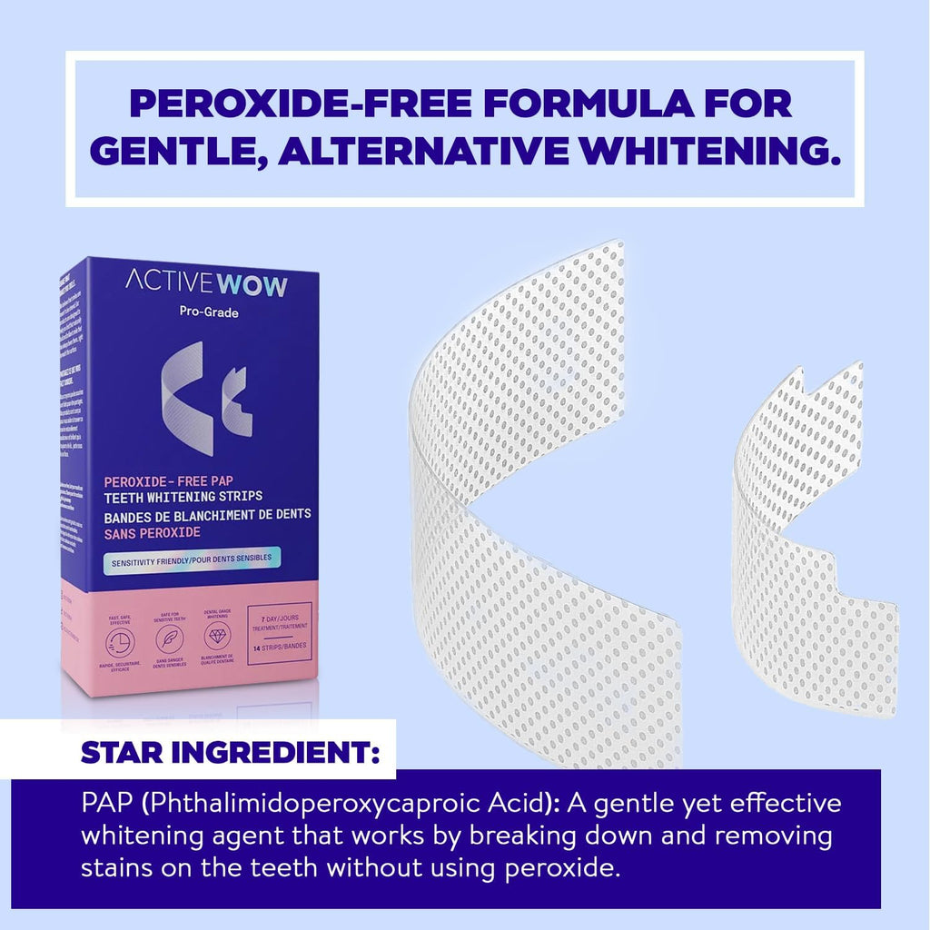 Active Wow 24k White Teeth Whitening Strips - Sensitive Teeth Whitening Strips, Peroxide Free Formula, Enamel Safe Teeth Whitening, Teeth Whitening Stain Remover - 7-Day Kit, 14 Whitener Strips
